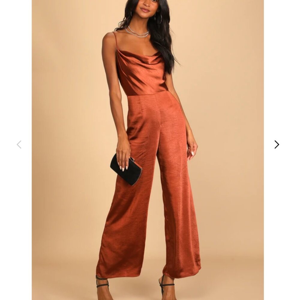 Perfect Night Brown Satin Cowl Neck Culotte Jumpsuit